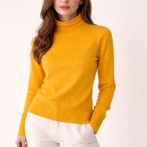 French Connection Mustard Yellow Rolled Edge Mock Neck Sweater Knit Top Size S